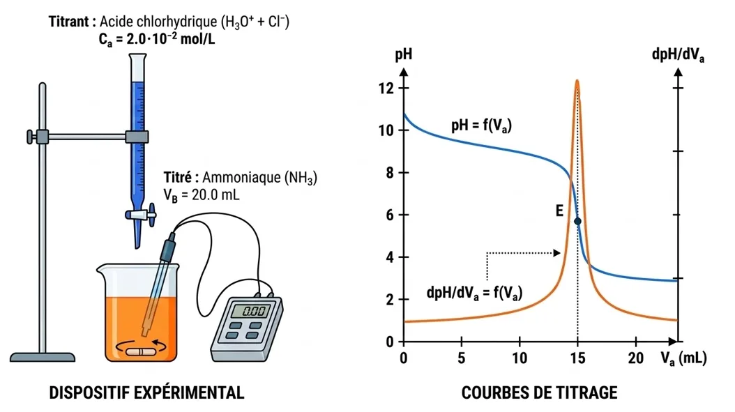 Courbe de titrage pH-métrique de l'ammoniac par l'acide chlorhydrique et courbe de la dérivée