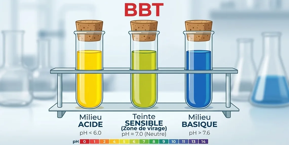 Changement de couleur d'un indicateur coloré (BBT) selon le pH