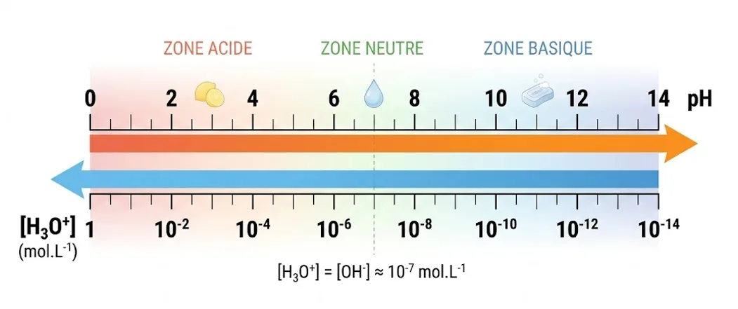 Axe du pH en fonction de la concentration en ions oxonium