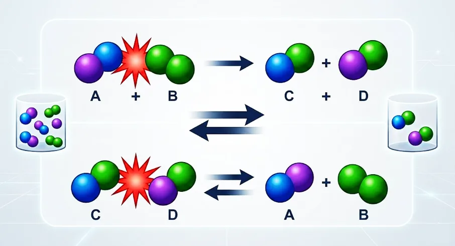 Représentation microscopique des chocs entre molécules A, B, C et D
