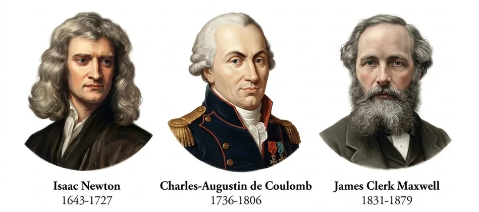 Les scientifiques Newton, Coulomb et Maxwell