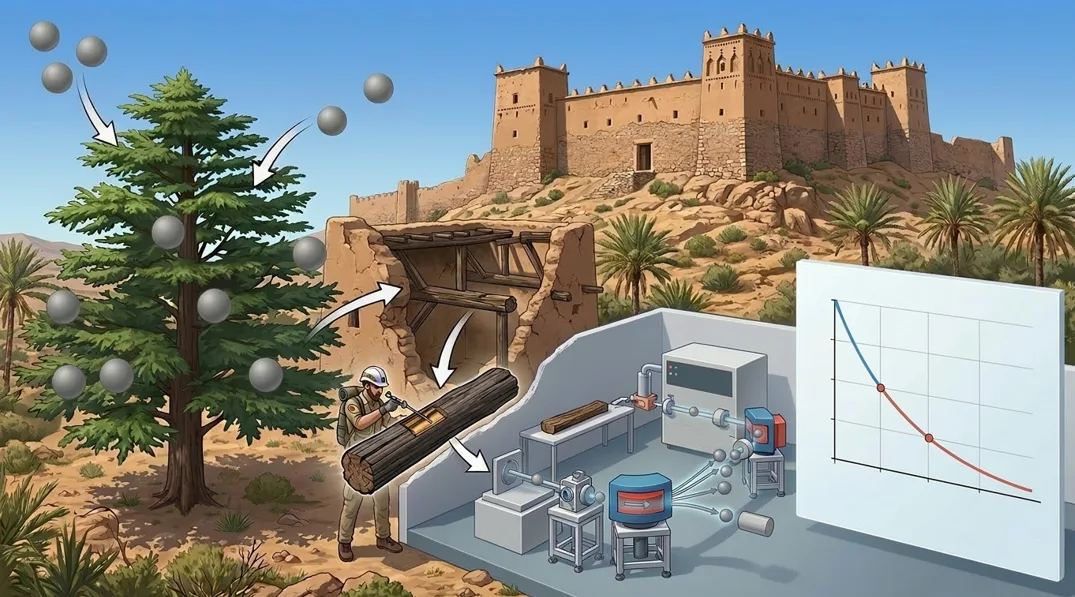 Ruines d'un Agadir dans l'Anti-Atlas marocain et échantillon de bois ancien