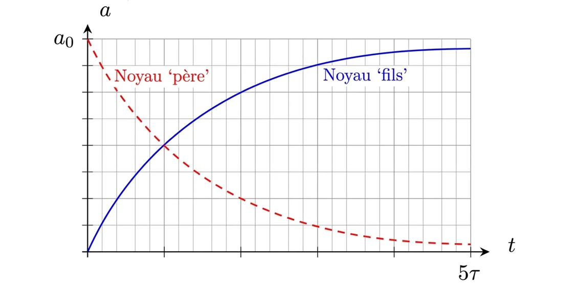 Courbe d'évolution de l'activité radioactive a(t) en Becquerels