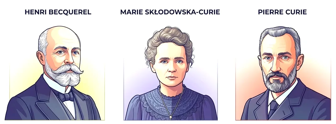 Portraits de Henri Becquerel, Marie Curie et Pierre Curie