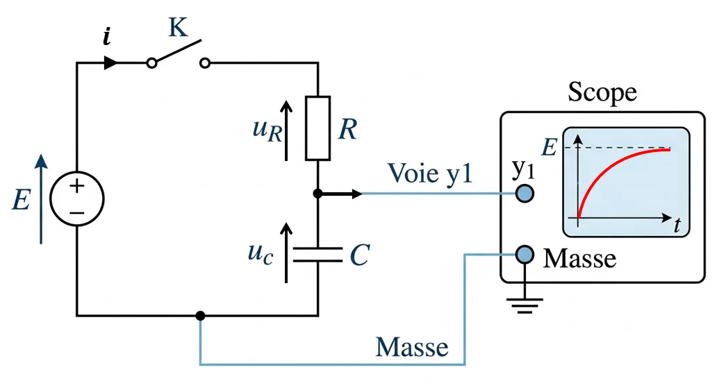 Montage de charge d'un condensateur avec branchement de l'oscilloscope
