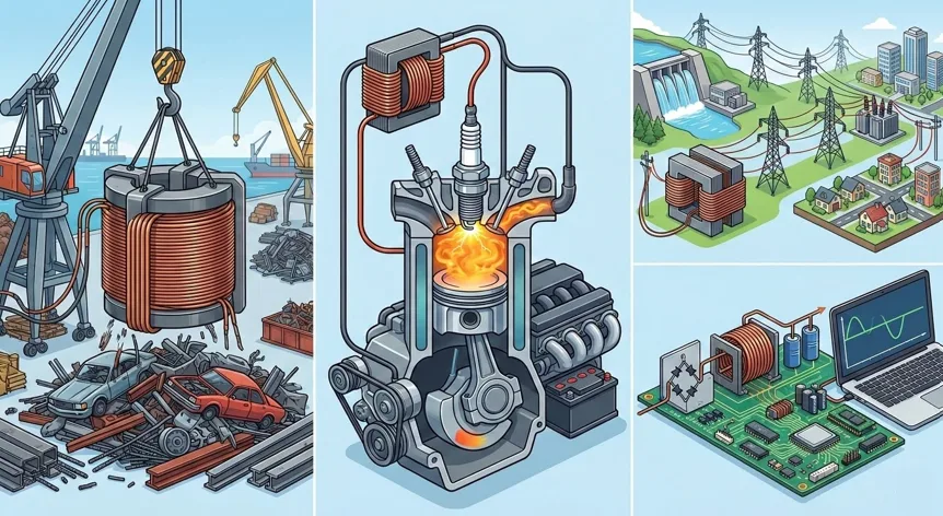 Électroaimant industriel soulevant de la ferraille et bougie d'allumage automobile