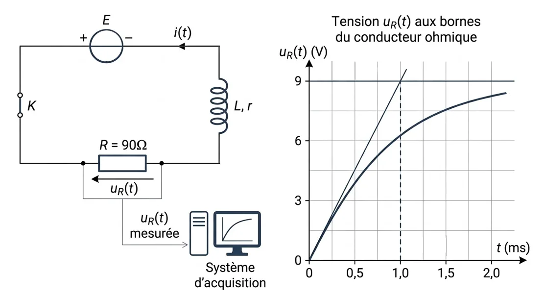 Schéma d'un circuit RL et courbe de la tension uR en fonction du temps