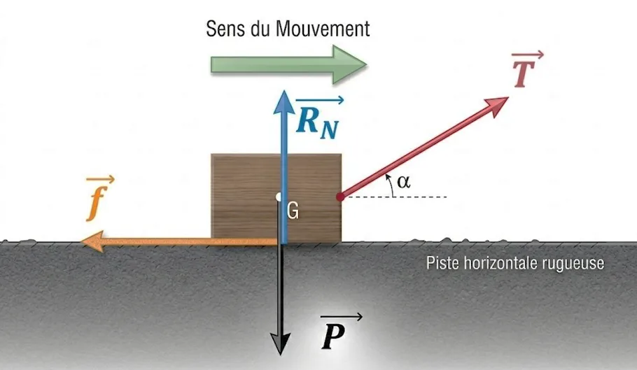 Corps tiré par un fil sur un plan horizontal