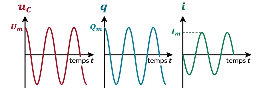 Évolution de la tension, de la charge et de l'intensité dans un circuit LC
