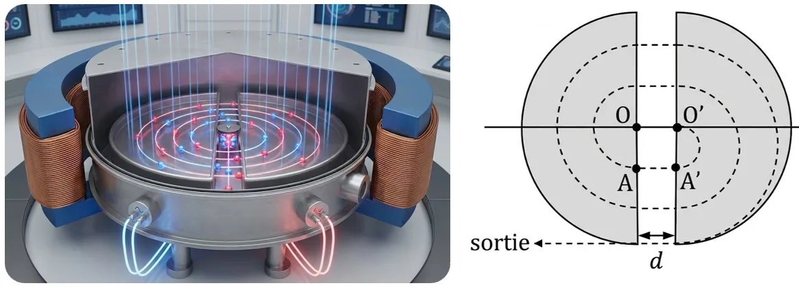 Trajectoire en spirale dans un cyclotron
