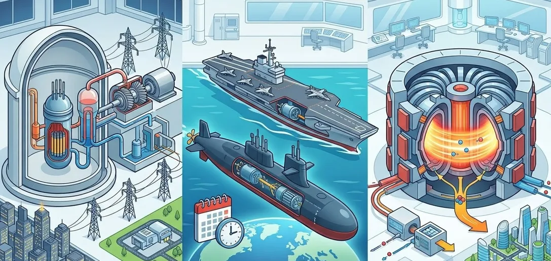 Sous-marin nucléaire naviguant sous la mer et un réacteur ITER en construction