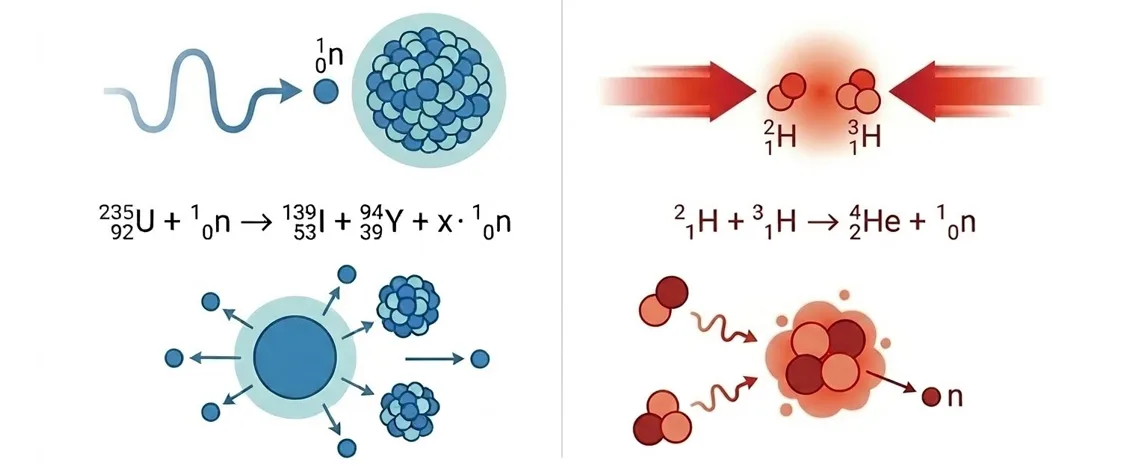 Schéma d'une collision neutron-uranium et collision deutérium-tritium