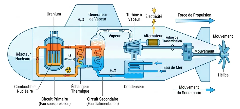 Vue en coupe d'un sous-marin nucléaire militaire montrant son réacteur