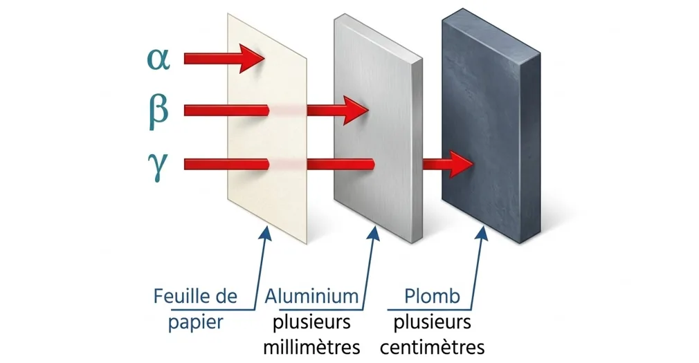 Illustration des rayonnements alpha, bêta et gamma stoppés par différents matériaux