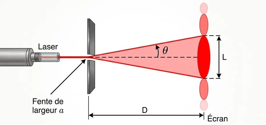 Schéma complet du montage de diffraction avec fil, laser et tache centrale sur l'écran