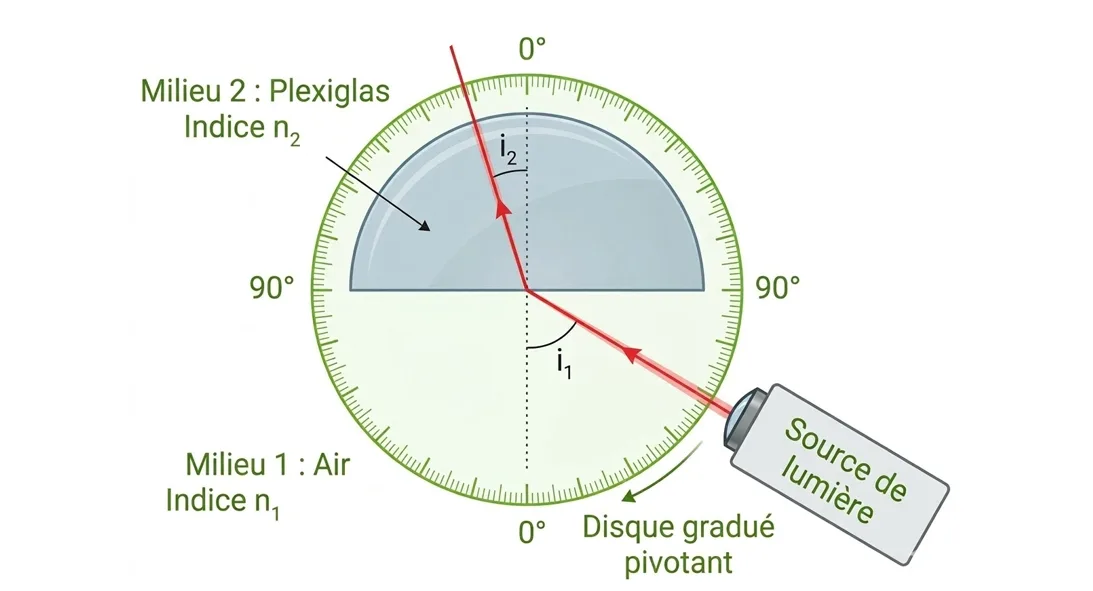 Expérience de réfraction d'un faisceau laser pénétrant dans un demi-cylindre
