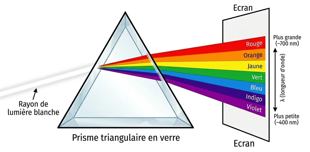 Un prisme en verre séparant la lumière blanche en un arc-en-ciel