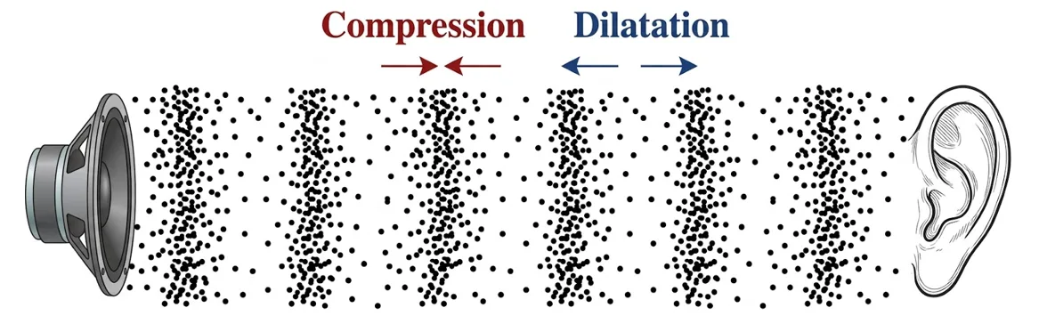 Représentation des ondes sonores par compression et dilatation des molécules d'air